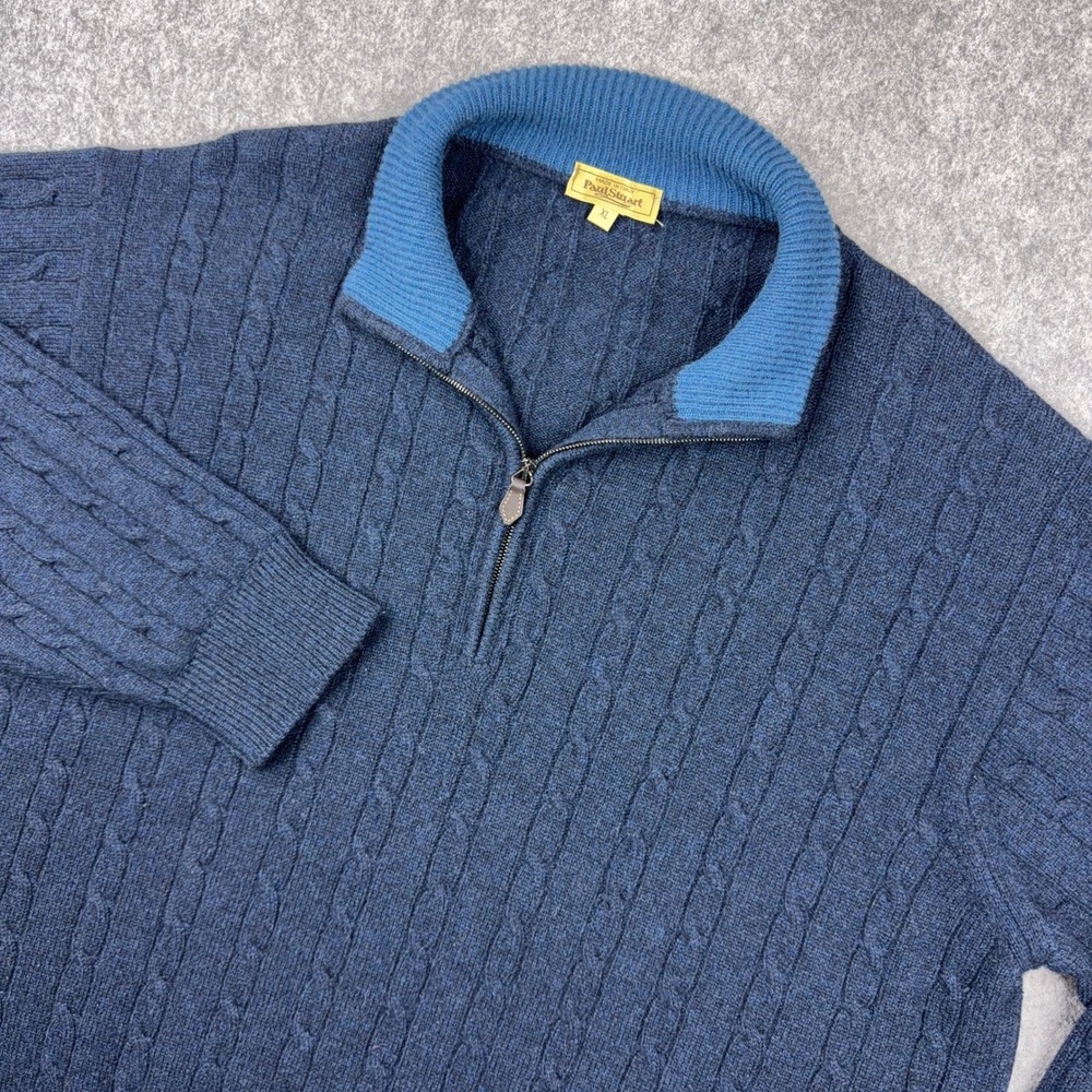 Paul Stuart 100% Cashmere Sweater Mens XL 1/4 Zip Cable Knit Blue Made in Italy